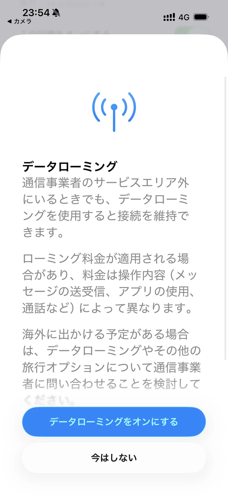 データローミングをオンにするボタンがあるiPhoneの確認画面