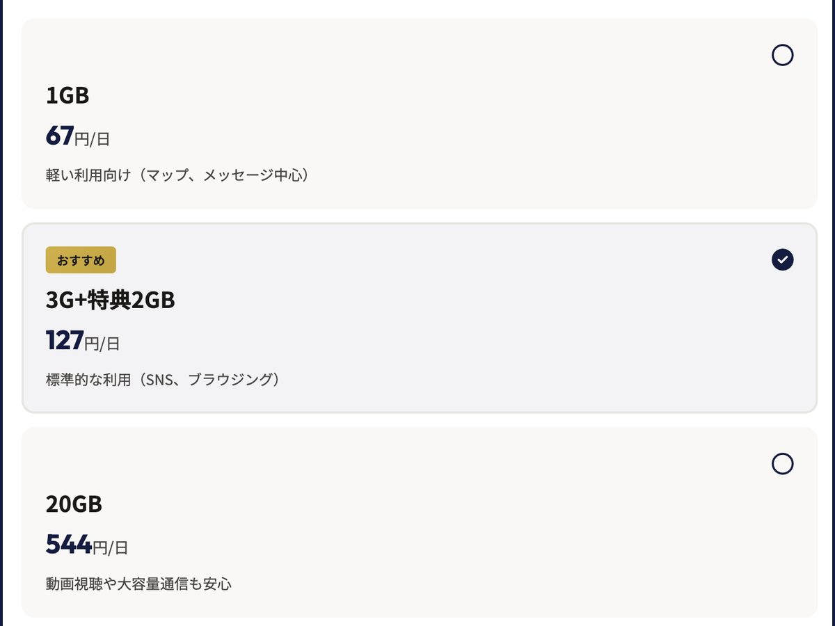 データ容量を選択の画面例